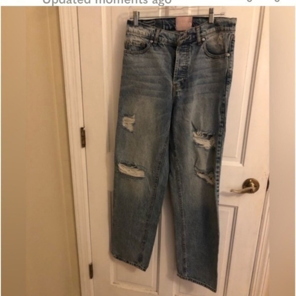 REVICE Denim High Waisted Button Fly Distressed Wide Leg Jeans